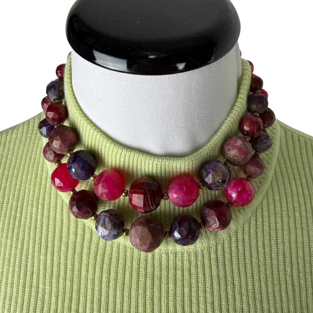 Vintage Style Double Strand Magenta Purple Faceted Bead Statement Necklace Gold